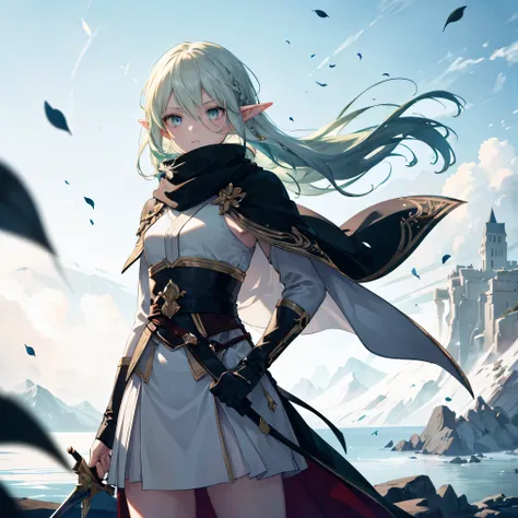 ((Female elf swordsman, sword poised forward, whirling winds, dynamic motion)), shoulder armor, ((Strong shadow, Wind effects, Floating petals)), ((Light green hair, Blond eyes, Long hair, Elf ears, Long loose hair)), Delicate hair, Delicate eyes, ((Maste...