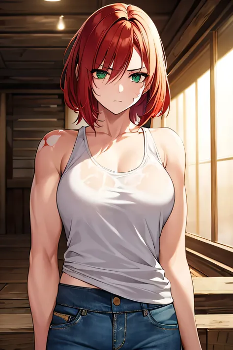 A highly detailed portrait of a battle-hardened female fighter in extremely casual, worn-out clothing. She wears an oversized, wrinkled white t-shirt with multiple small holes and stains. Her denim shorts are frayed and faded, revealing scarred muscular th...