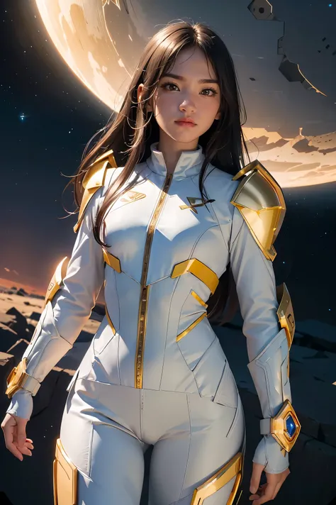 ((masterpiece, best quality, extremely detailed), volumetric lighting, ambient occlusion, colorful, glowing), 1girl, solo, young girl, (dark hair), long hair, halo, aura, sacred, goddess, cleric suit, (white outfit with gold detailst:1.3), armor, outdoors,...