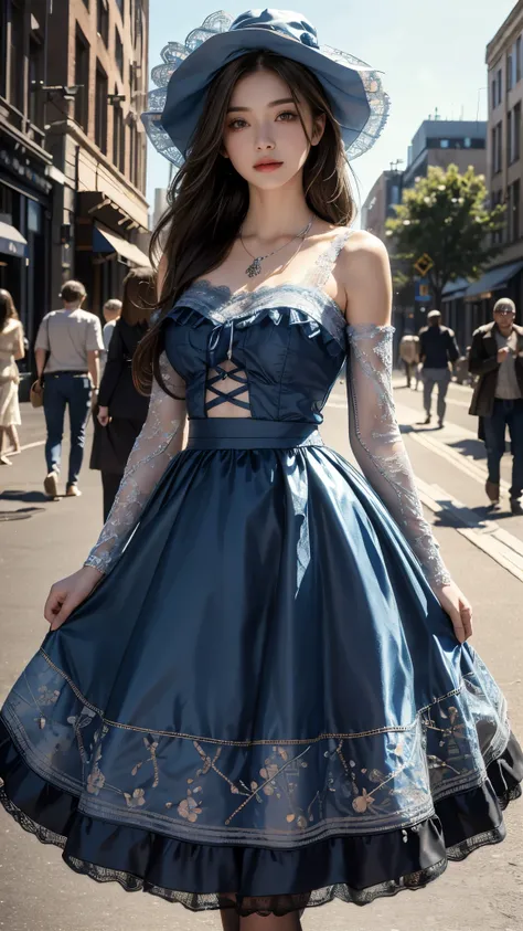 4K ultra hd, masterpiece, 1 girl, good face, long hair, beautiful hairstyle, ((lace petticoat)), ((blue petticoat)), bare waist, ((lace)), necklace, hat, in the city, ray tracing, bloom, god rays, direct-x, cinematic pose,