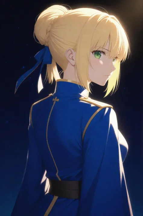 masterpiece, high score, great score, absurdres 1girl, saber, fate_(series), 1girl, blonde_hair, green_eyes, tied hair, vivid colors, volumetric lighting, soft lighting, night time, outside back ground