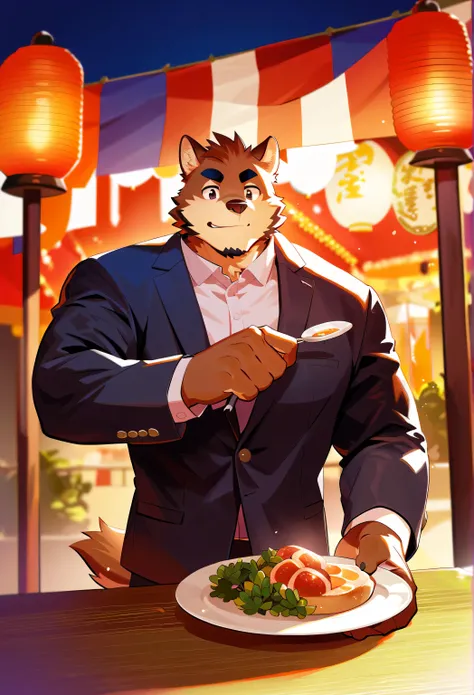 (Single:1.5),  a male anthropomorphic dog, Tsuchigu,  muscular,  black eyes ,  black eyebrows,  Brown Fur , Hairy,  black suit , Standing,  grins , Carrying a plate, night, CNY,  New Year's Eve Dinner, background:dining table,  Hearty Meals , Red Lantern, ...