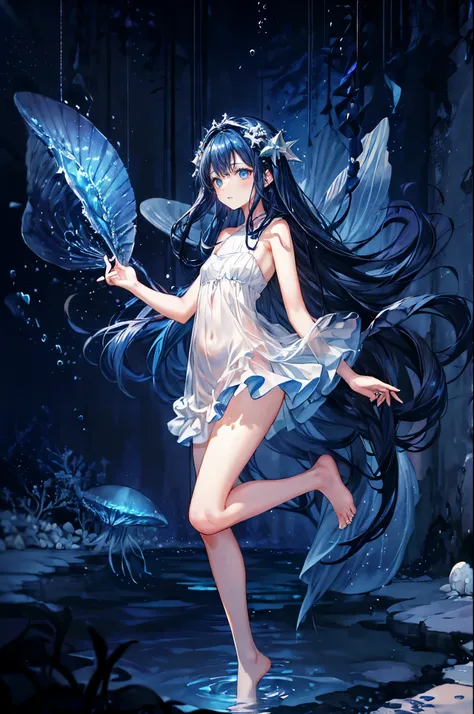 (( dark blue hair long hair 1 girl:1.4))，Full body solo shooting、((seabed:1.4))、Floats in water、Lots of small fish、(( white dress 、 barefoot))、Floating、A lot of bubbles、jellyfish、Jellyfish、Coral Reef、Starfish、Various fish 、Blue Fish、School of sardines、Sink...