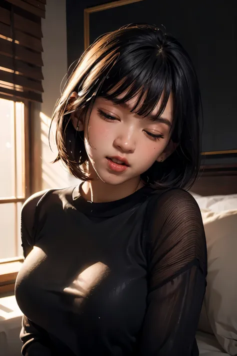 1girl, lying on back, on bed, (tilt head:1.3), hands up, implied after sex, upper body,
BREAK girl, 22yo, short hair, bob cut, ear, (blunt bangs), black hair, (tareme:1.2), detailed cute brown eyes, curled eyelashes, (large breasts:0.8),
beautiful eyes, be...