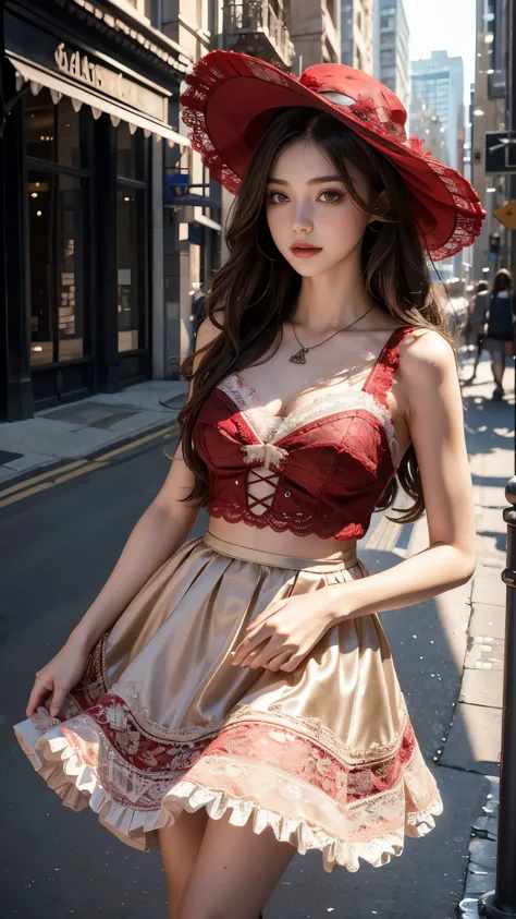 4K ultra hd, masterpiece, 1 girl, good face, long hair, beautiful hairstyle, ((lace petticoat)), ((red petticoat)), bare waist, ((lace)), necklace, hat, in the city, ray tracing, bloom, god rays, direct-x, cinematic pose,