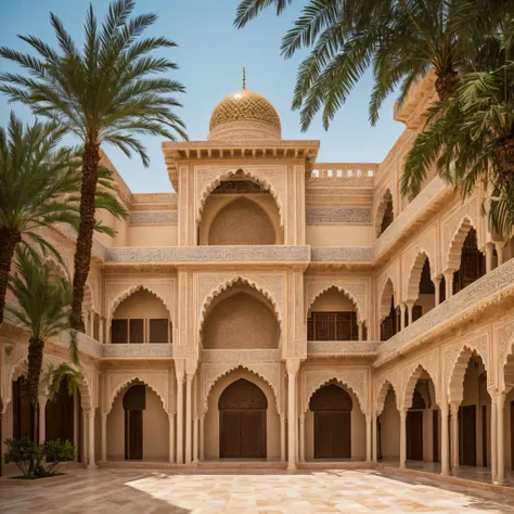 arabic architectural style, arabic palace, arabic courtyard with palm trees, arabic mosque with domes, arabic painting, arabic patterns, tropics, very hot summer, arabic vibe, arabic harem, arabic fairy tale