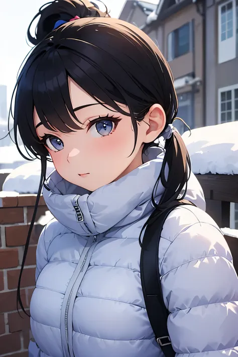  top quality)), ((Masterpiece)), (  Details), 1 girl, whole body,  black hair, ponytail,Outdoors,winter