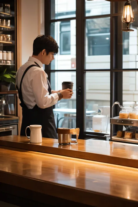   man during coffee break （Back view）
Composition and content:
White man standing 、 drinking coffee at the cafe counter 。 is wearing a casual shirt or suit and the 、 natural scene with a slight loss of shoulder strength 。
background:
Simple cafe interior  ...