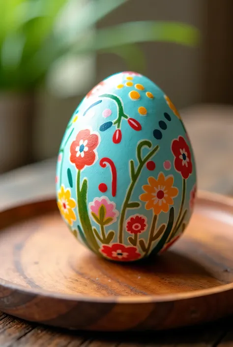 Funny decoratif easter egg on wood plate 