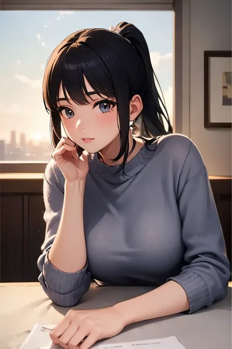  top quality)), ((Masterpiece)), (  Details), 1 girl,  black hair, ponytail,Knit