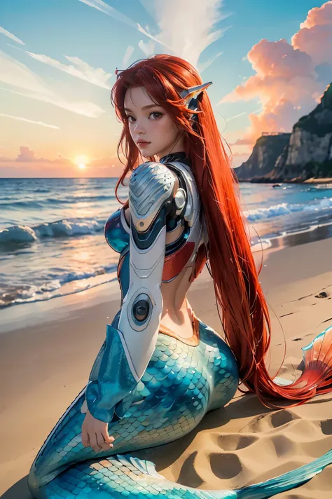 ((masterpiece, best quality, extremely detailed), volumetric lighting, ambient occlusion, colorful, glowing), 1girl, solo, young girl, (red hair), long hair, goddess, cyber suit, (mermaid design:1.3), outdoors, sunset, sky, clouds, beach, sea, , (cyberpunk...