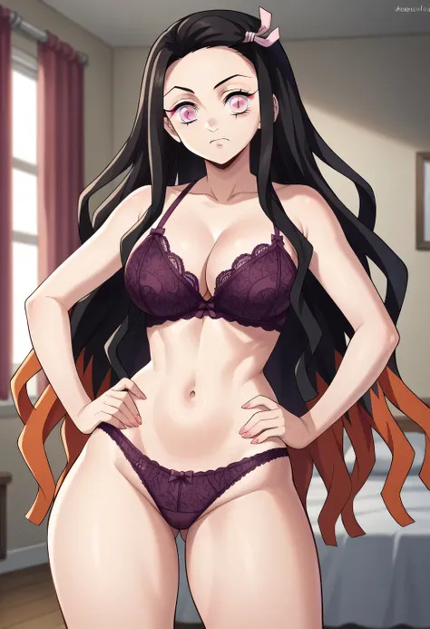 score_9, score_8_up, score_7_up, source_anime, nezukokamado, nezuko kamado, black hair, forehead, hair ribbon, long hair, multicolored hair, pink eyes, orange hair, slit pupils, wavy hair, two-tone hair, cleavage, demon girl, tattoo, thighs, thick thighs, ...