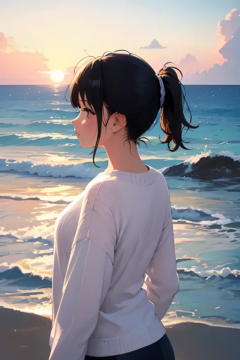  top quality)), ((Masterpiece)), (  Details), 1 girl,  black hair, ponytail,Knit,seascape