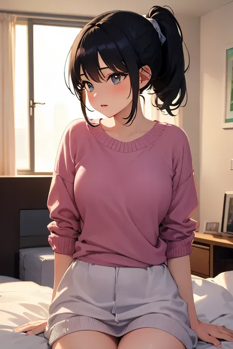  top quality)), ((Masterpiece)), (  Details), 1 girl,  black hair, ponytail,Knit,bedroom