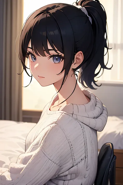  top quality)), ((Masterpiece)), (  Details), 1 girl,  black hair, ponytail,Knit,bedroom