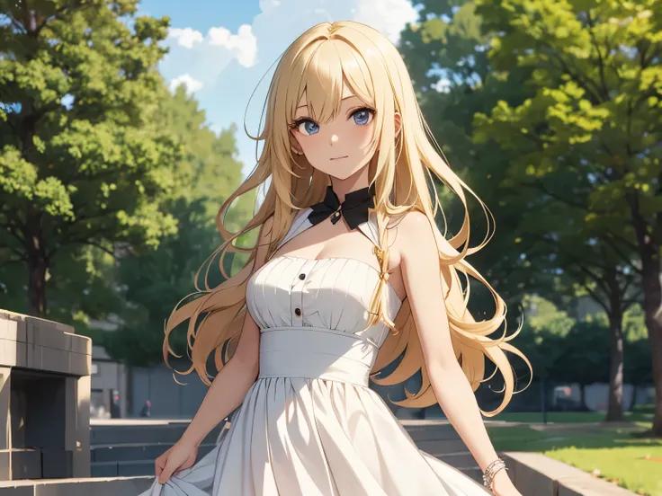 Anime girl character with flowing blonde hair, and wearing a dress, with a background park