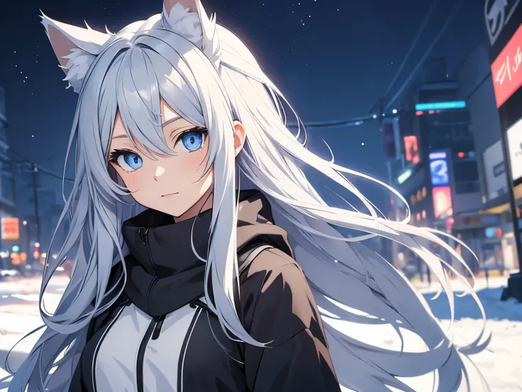 Anime girl character with gray flowing hair, blue eyes with cat ears and wearing a winter dress, with a background