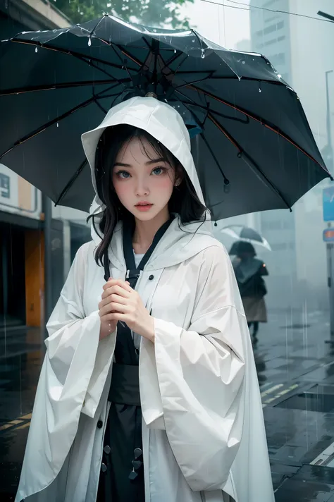 (Highest quality:1.3)、 (Photorealistic)、In the dim city、(Heavy rain:1.37)、(In an empty city)、(I can see big raindrops)、(Raindrop effect:1.5)、、(Wear a brimless tubular hat:1.3)、(A shadowy, misty being wearing a cloak))、Despair and loneliness、The only person...