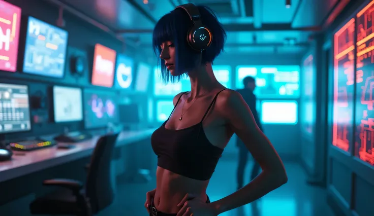 A stunning landscape of cyberpunk woman with short, dark blue hair wearing sleek, futuristic headphones, lost in the rhythm of an unknown song. She stands confidently in a dimly lit, high-tech control room filled with glowing neon screens and holographic d...