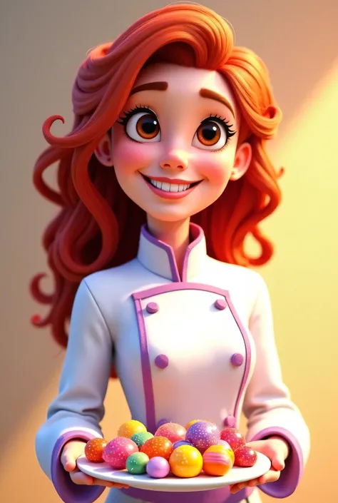  The pastry chef seems to be about 24 years old ,  with curly red hair that falls over her shoulders .  Her dark brown eyes shine with joy as she holds a plate of colorful party candies.  She wears a white confectionery coat with details in lilac ,  adding...