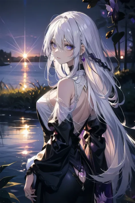 (masterpiece), (best quality), ultra detailed, finely detailed color, cenematic painting, smile, slender body, small chest, outdoor, lake, landscape, sunset, bishoujo, ((one lady)), 20 years old girl, cute face, ((white hair:1.5)), absurdly long hair, stra...