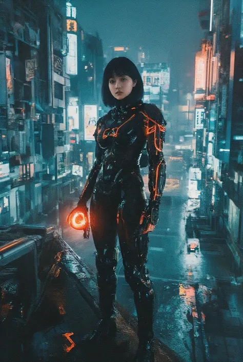 A hyper-realistic cinematic portrait of a 22-year-old Korean woman in a sprawling cyberpunk metropolis, rendered in 8K resolution with intricate detail. The scene is bathed in the neon glow of holographic billboards and flickering LED signs, their reflecti...