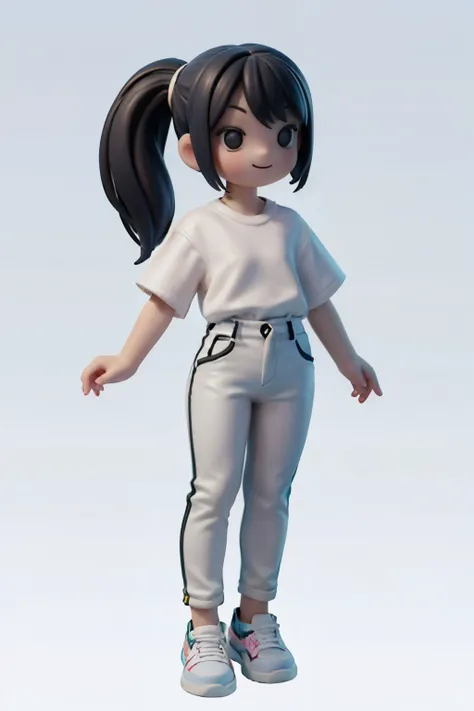 a girl smiling, ponytail, (white) track pants, tucked-in white t-shirt, white sneakers, stand up, full body, no background