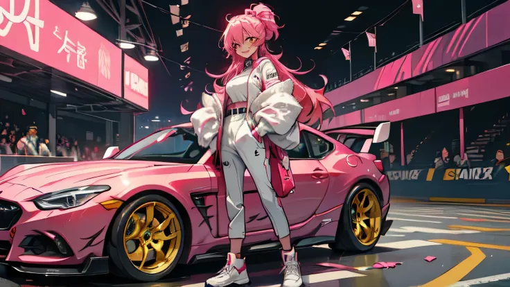   one girl,   pink hair with a scar,    yellow eyes,   standing in front of a sports car  ,  smile ,  The background is a race track、Loose and fluffy clothes、