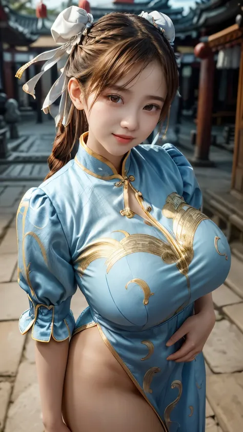 Chun-Li is a formidable fighter who combines strength and grace. She wears a blue qipao with gold accents, paired with her neatly braided hair and signature white ribbon. In the background, a magnificent ancient temple is visible, with deep red walls, arch...