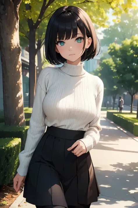 chef-d'œuvre, Magnifiques détails, Belle lumière et ombre, 1 fille asiatique, belle frange noire, cheveux courts, Beaux yeux verts, jupe longue taille haute tricotée, pull blanc, collants, mocassins, Petits seins, regardant le spectateur, , arrière-plan fl...