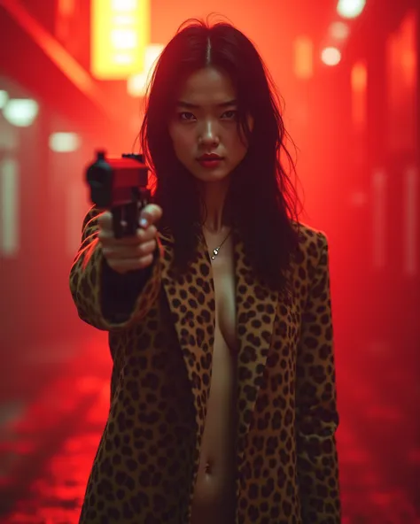 (((Full body view))), (((view from bellow:1.5))), (((Photorealistic:1.3))), Cinematic photography of a tall skinny beautiful China sensual supermodel Liu Wen in a very very open leopard coat is pointing a gun in an empty apocalypse city with red fogs, (((L...