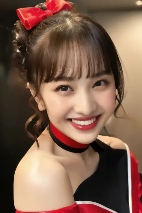 ((Red sexy dress)), ((age Japanese Girl))、、(Light up your face)、(masterpiece, top quality, The beautiful quality of , photorealistic , detailed lighting , Extremely detailed skin, Extremely Detailed Hair ,8k, black hair, upper body, One Girl , smile, Watch...