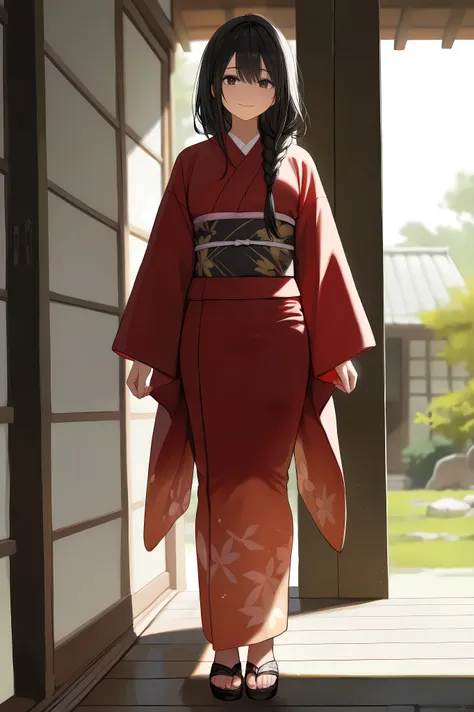 semi-realistic anime style, full body,  Japanese girl, delicate features, long black hair in a braid, dark almond-shaped eyes, a subtle hint of sadness, simple kimono, standing, hands resting at her sides, soft lighting, detailed eyes, country side house, ...
