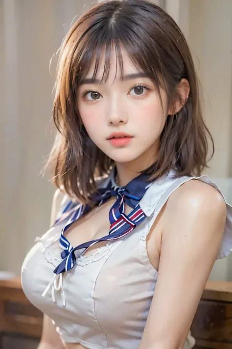 (( top quality, 8k, masterpiece :1.3)), 1 innocent girl:1.3, ( short hair,school uniform, miniskirt, beautiful breasts :1.,  Highly Detailed Face ,  beautiful eyes, double eyelids, cute face,( ),( Realistic Face),( Real Skin), SMART BODY, sitting, Half Jap...