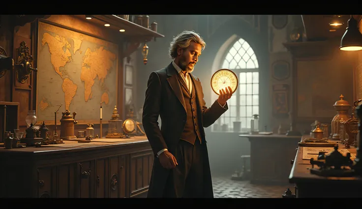 "A male adventurer in a Victorian-style outfit holding a glowing compass in a lab filled with navigation tools and maps."
