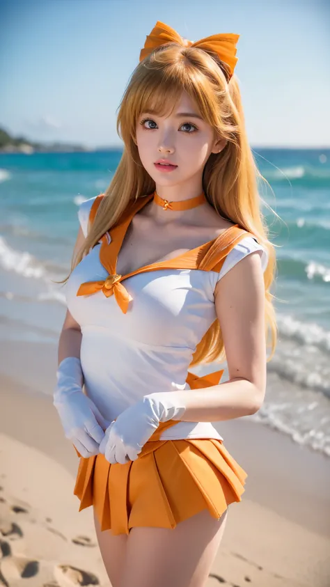 Sailor Venus walks to the left along the sandy beach, wearing a sailor senshi uniform, (sailor venus:1.8), (long blonde hair), ulzzang-6500-v1.1, pureerosface_v1, top quality, masterpiece, illustration, (realistic, photo-realistic:1.37), stunning, fine det...