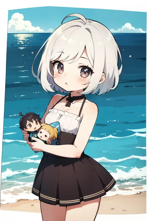 A woman in her 20s with short hair and a cute outfit. ,sea backdrop ,chibi