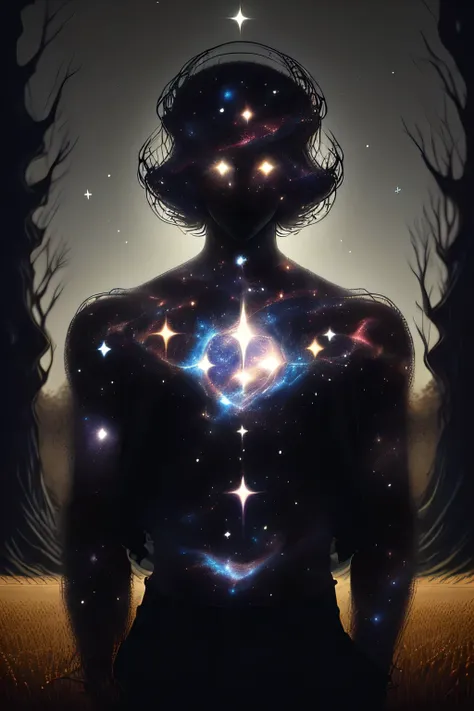 anime man with short hair and a suit made of stars, god of galaxies, galactic deity, strange portrait with galaxy, portrait of a cosmic entity, god of space and time, in a galaxy, anime art nouveau cosmic display, galactic sized god, galaxy + baroque, glow...