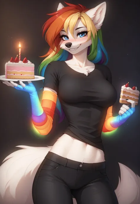 (4K HD Quality), score_9_up, score_8_up, score_6_up, anthro, solo, 1girl, furry, white fox, white body, white fur, rainbow hair color, long thick hair, blue eyes, fox tail, medium large breasts,
(glowing gloves), (rainbow sleeves gloves), (fingerless glo...