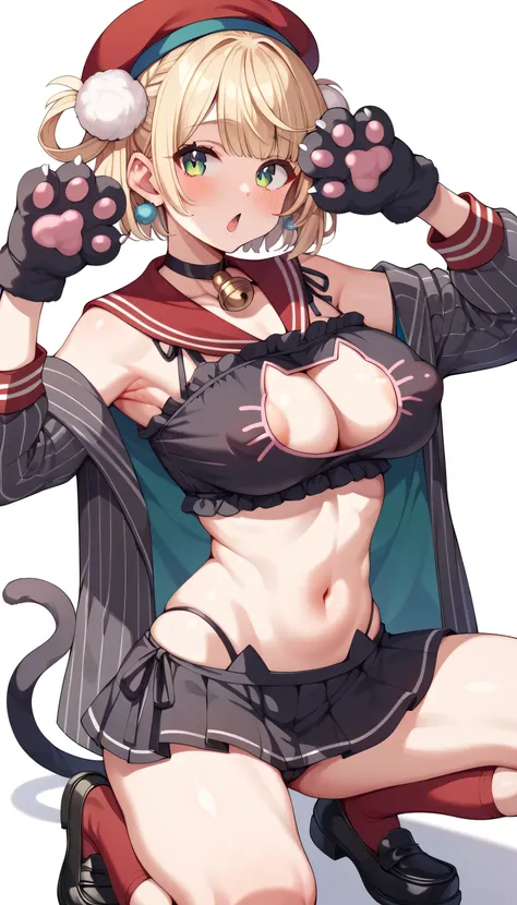 Nsfw、((Sagging breasts))、(puffy nipple)、( very big areolas)、shigure ui \(vtuber\),green eyes, blonde hair, short hair,hair rings,pom pom hair ornament,beret ,striped jacket,red sailor collar,pom pom (clothes),striped skirt,red socks,black loafers, ((cat gl...