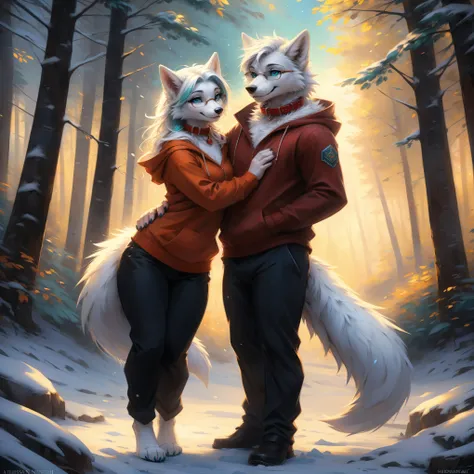 (author：Hioshiro and Kenket and Dimwitdog, Michael &amp; Inessa Garmash, ruanjia, pino daeni, Chunie), uploaded the e621, beautiful and ultra-detailed, (((1 male 1 female))) ((2 anthros)), lighting cinematic, seductor, ((male Arctic Wolf with a red collar,...