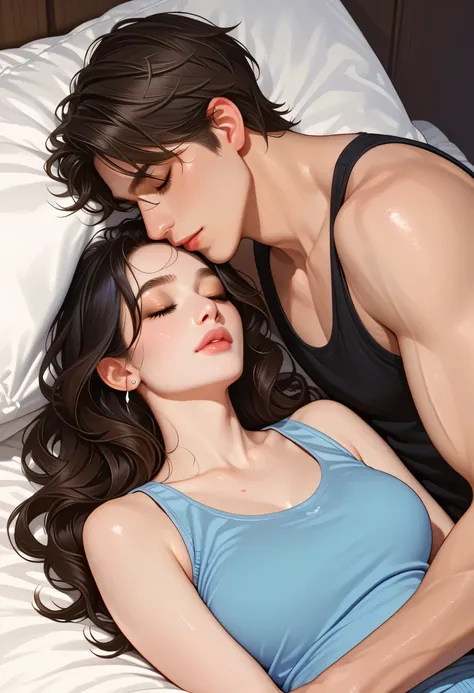 1 girl, Wear a tank top, Long wavy hair, dark hair , Sleeping cuddly with 1 man