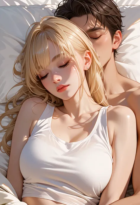 1 girl, Wear a tank top, Bangs, Sleeping cuddly with 1 man 