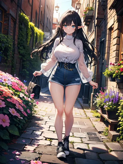 detailed image, beautiful image, 1 elf, black hair, long hair, turquoise eyes, has large breasts, short waist, wide hips, big butt, wearing a baggy designer blouse, denim mini shorts, casual sneakers, walking on cobblestone ground, around many flowers, amb...