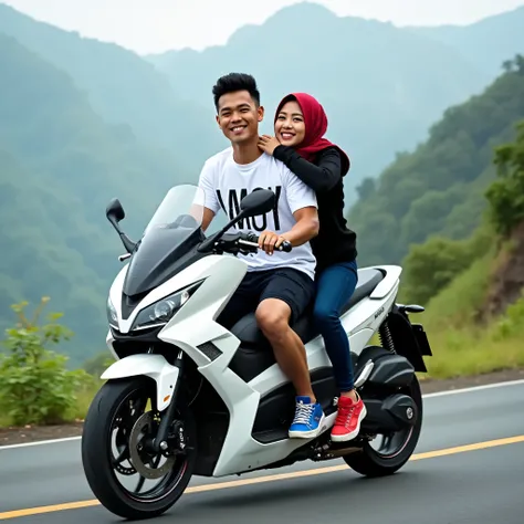 medium distance photo .  a softly smiling young asian man with short hair short hair black undercut wearing a white t-shirt with the name AMOY in the style of fashionable graffiti letters .  wears black cargo shorts wearing blue jordan shoes is riding a wh...