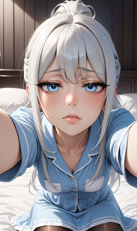 Upper body  ((Ultra detailing)), (very aesthetic, best quality, ultra detailed), intricate details, 1girl, silver hair, silver eyes,((Detailed eyes)), ((Beautifull eyes)), ((prefect eyes)), long hair, ponytail, shy, Licking her lips, Blush , (Disgusted loo...