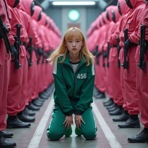 beautiful blonde , green sneakers with uniforms from the Lula Game and a number "456" She is wearing , Kneeling . behind her are many soldiers , soldiers dressed in pink O Jogo da Lula . realistic image .