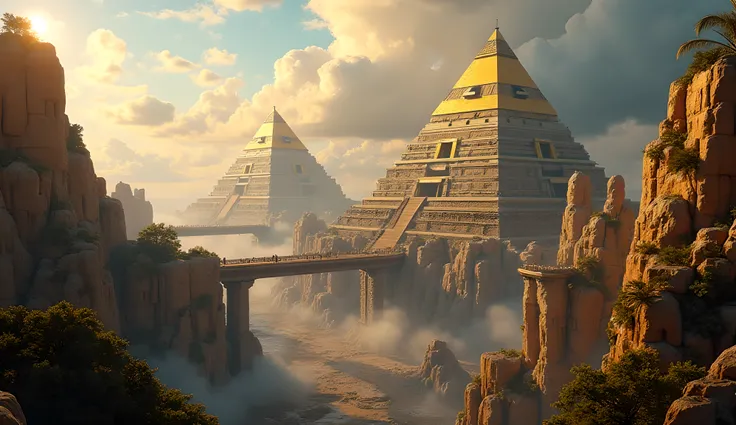 "A futuristic city designed with ancient Inca architecture, golden pyramids rising into the clouds, intricate stone carvings mixed with holographic advertisements, floating bridges connecting the structures, neon-lit sky, cyberpunk atmosphere but infused w...