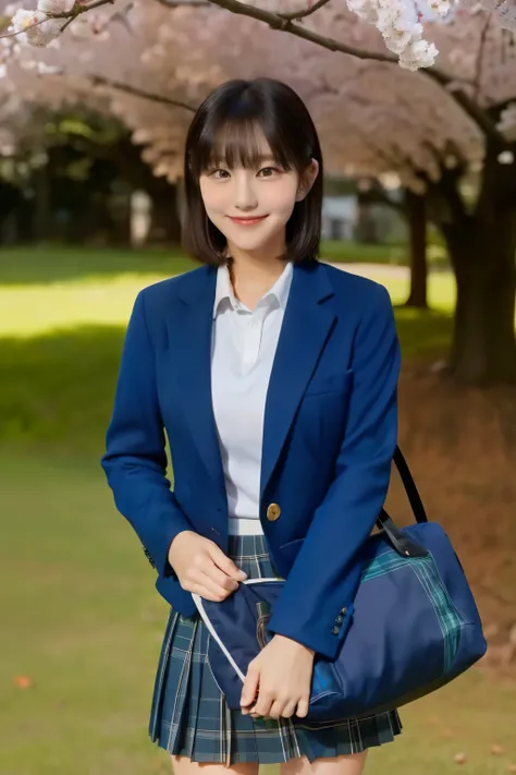 ( top quality,8k),(smile),( cowboy shooting),( school uniform ),( navy blue blazer :1.5),(The blazer is long ),( LONG SLEEVE WHITE SHIRT ),(Sports Bags),(1 bag), bow tie,( green tartan check skirt :1.2),( white socks),Long face,Black Hair Bo...