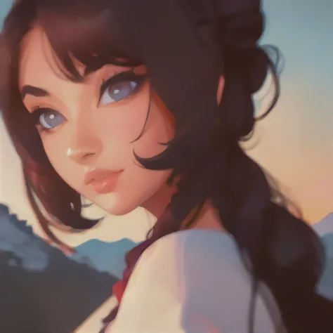 Side portrait 80% shilouette of a Beautiful goddess with hair in a bun, gorgeous eye lashes, composites with a mountain scene blended together, background by ilya kuvshinov and annie leibowitz. synthwave watercolor painting on canvas trending in artstation...